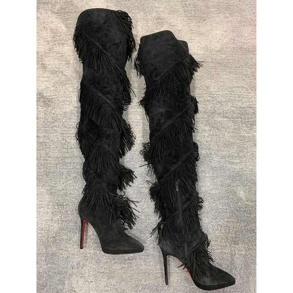 Christian Louboutin Bolcheva 120 Black Fringe Thigh High OTK Knee Heel Boot 36.5 - Picture 6 of 12